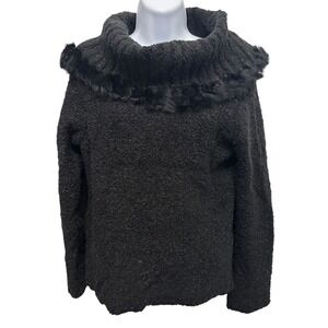 Escapade Black Boucle Knit Rabbit‎ Fur Trim Cowl Neck Sweater Medium